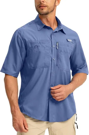 Men's Fishing Shirts with Zipper Pockets UPF 50  Lightweight Cool Short Sleeve Button Down Shirts for Men Casual Hiking