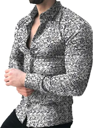 Mens Hawaiian Floral Shirts Slim Fit Long Sleeve Printed Dress Shirt Button Down Tropical Holiday Beach Shirts