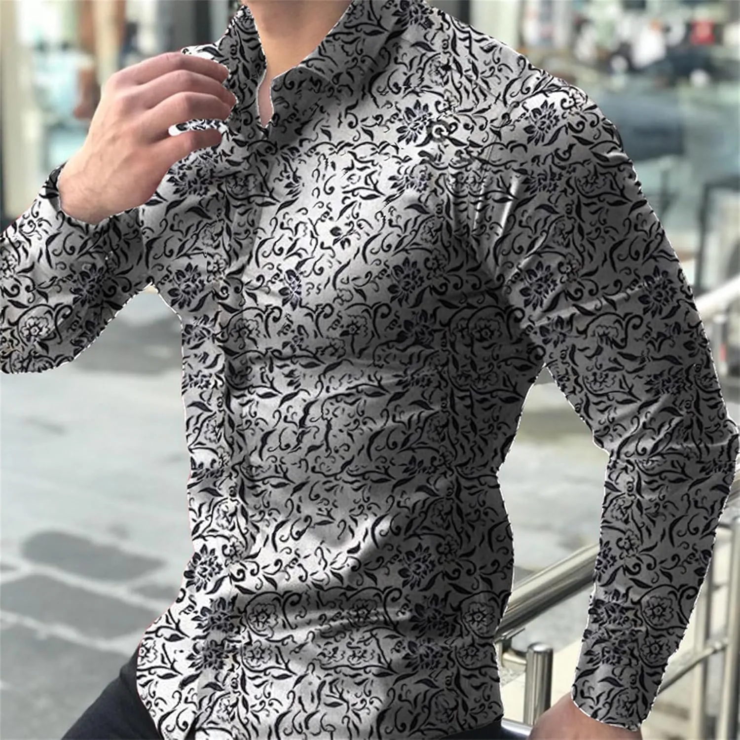 Mens Hawaiian Floral Shirts Slim Fit Long Sleeve Printed Dress Shirt Button Down Tropical Holiday Beach Shirts