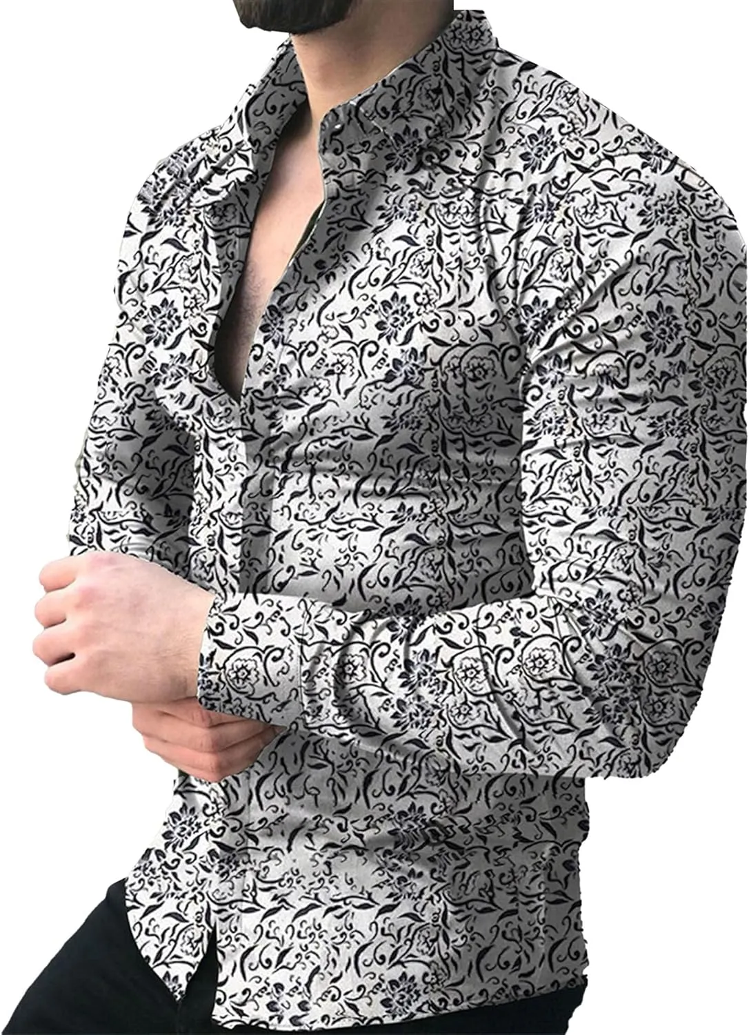 Mens Hawaiian Floral Shirts Slim Fit Long Sleeve Printed Dress Shirt Button Down Tropical Holiday Beach Shirts