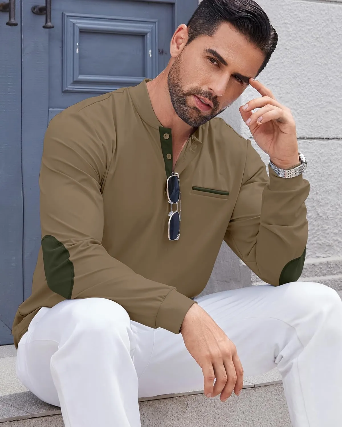 Men's Henley Golf Shirts Long Sleeve Collarless Golf Shirt Casual Moisture Wicking Quick Dry Shirts with Pocket