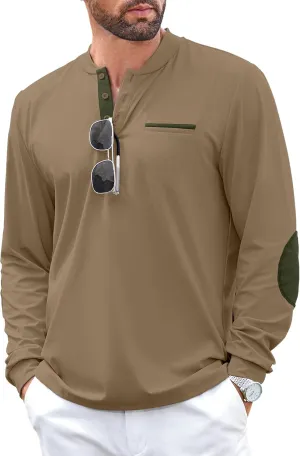 Men's Henley Golf Shirts Long Sleeve Collarless Golf Shirt Casual Moisture Wicking Quick Dry Shirts with Pocket