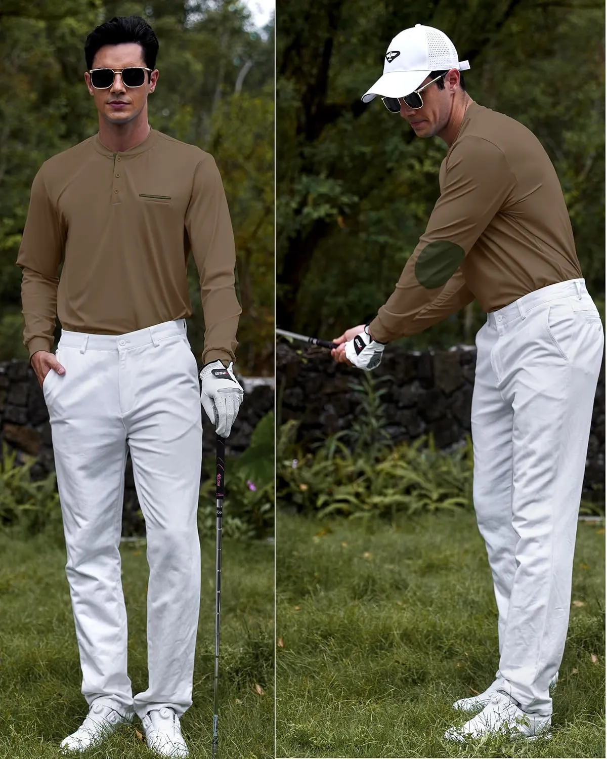 Men's Henley Golf Shirts Long Sleeve Collarless Golf Shirt Casual Moisture Wicking Quick Dry Shirts with Pocket