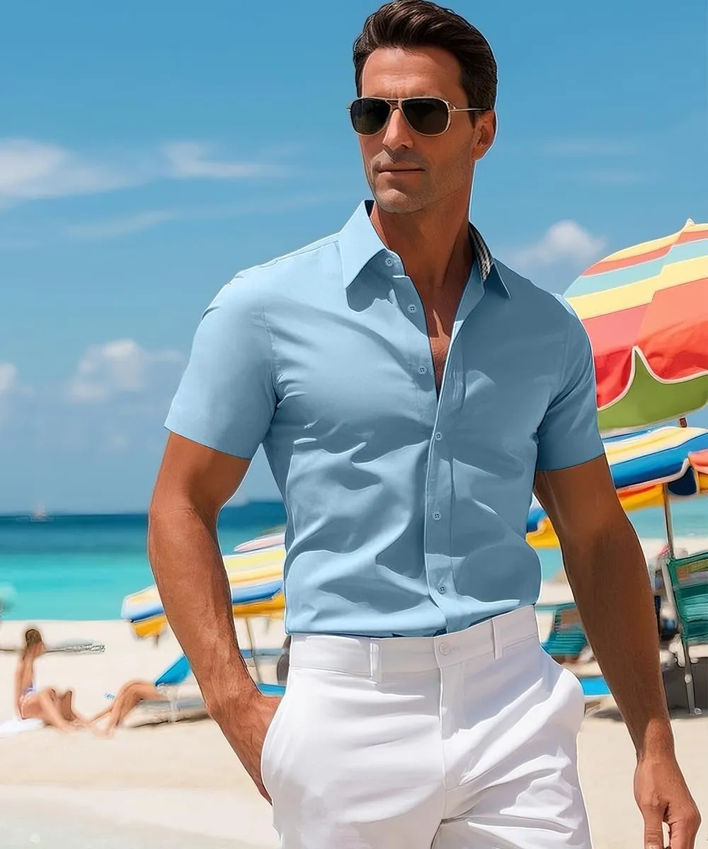 Men's Linen Shirt Short Sleeve Casual Button Down Shirt for Men Summer Holiday Beach Shirt