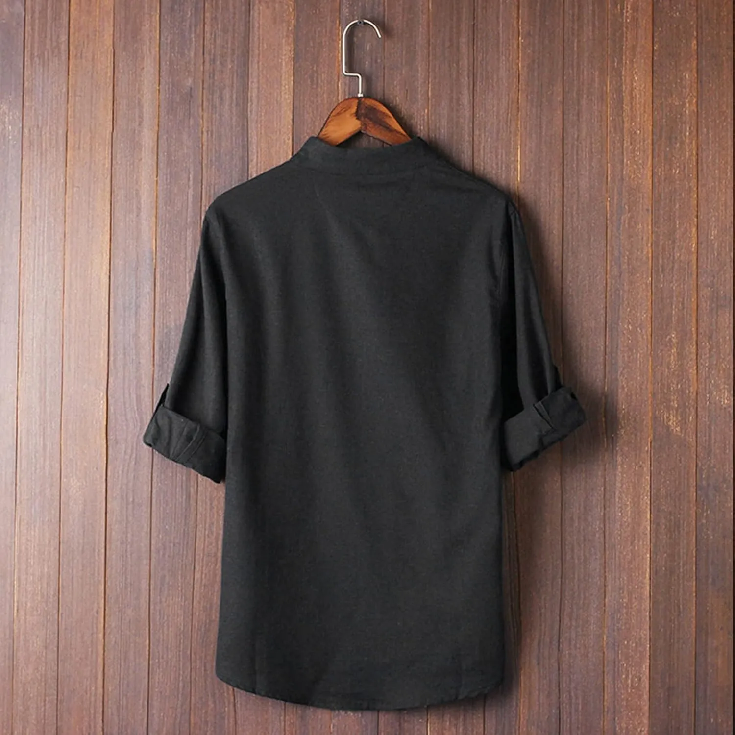 Mens Long Sleeve Cotton Linen Henley Shirts Martial Arts Kung Fu Chinese Traditional Tai Chi Tang Suit Button Tops