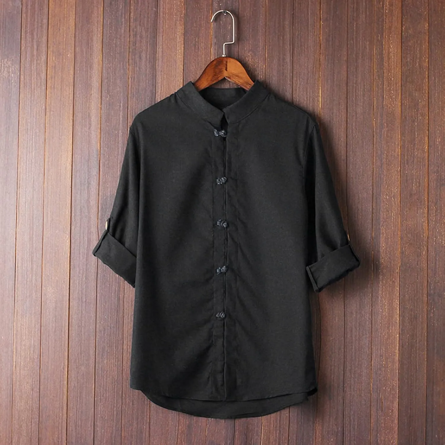 Mens Long Sleeve Cotton Linen Henley Shirts Martial Arts Kung Fu Chinese Traditional Tai Chi Tang Suit Button Tops