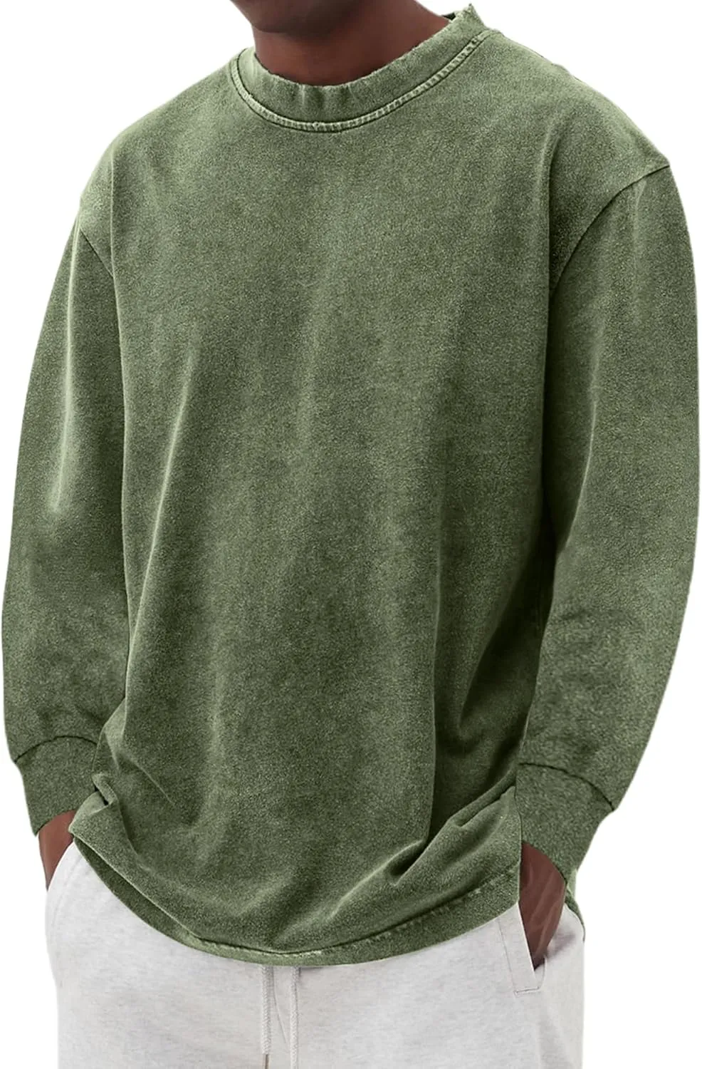 Men's Long Sleeve Shirts Vintage Oversized Distressed Washed T-Shirt Crewneck Cotton Tees Pullover Tops