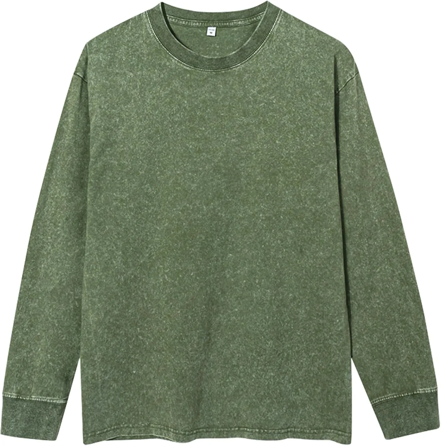 Men's Long Sleeve Shirts Vintage Oversized Distressed Washed T-Shirt Crewneck Cotton Tees Pullover Tops