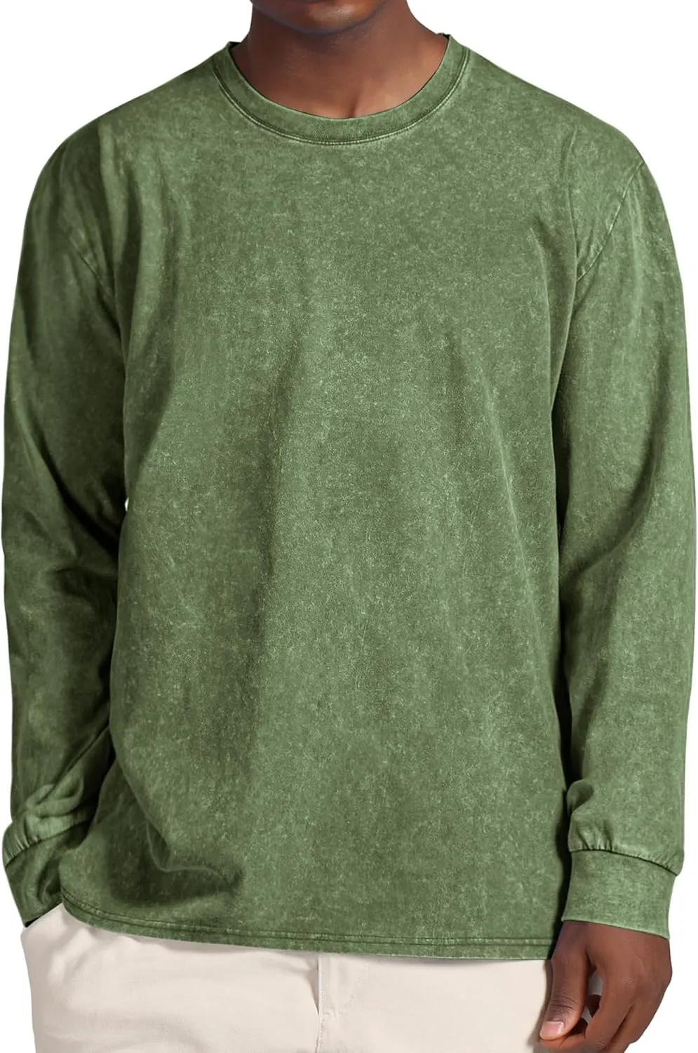 Men's Long Sleeve Shirts Vintage Oversized Distressed Washed T-Shirt Crewneck Cotton Tees Pullover Tops