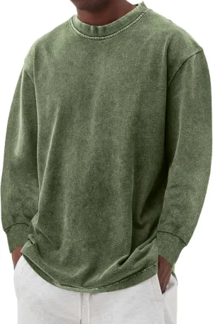 Men's Long Sleeve Shirts Vintage Oversized Distressed Washed T-Shirt Crewneck Cotton Tees Pullover Tops