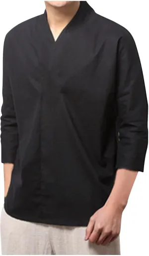 Men's Monk Buddhist Outfit T-Shirt V-Neck Plain Cotton Linen 3/4 Sleeve Shirts Big and Tall Beach Yoga Hipster Tops