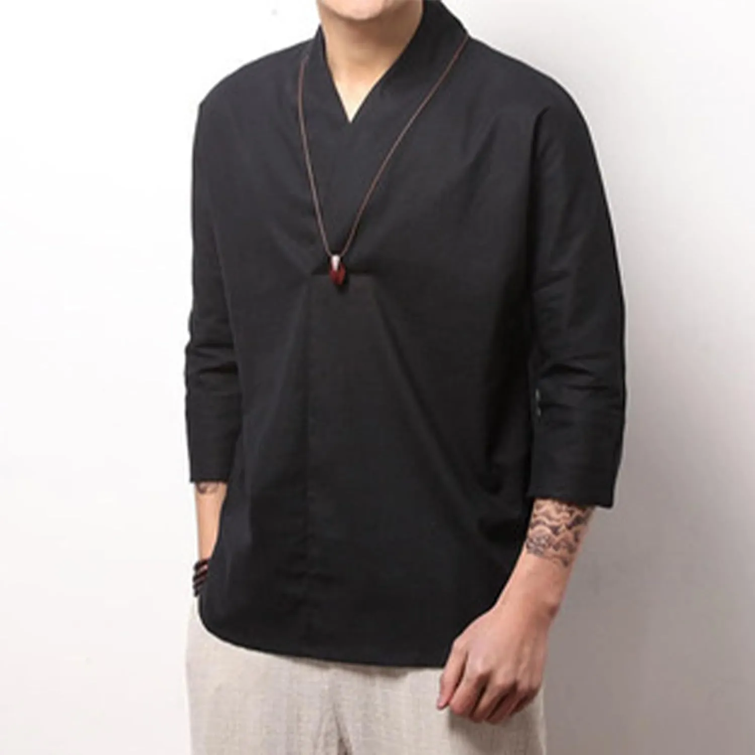 Men's Monk Buddhist Outfit T-Shirt V-Neck Plain Cotton Linen 3/4 Sleeve Shirts Big and Tall Beach Yoga Hipster Tops