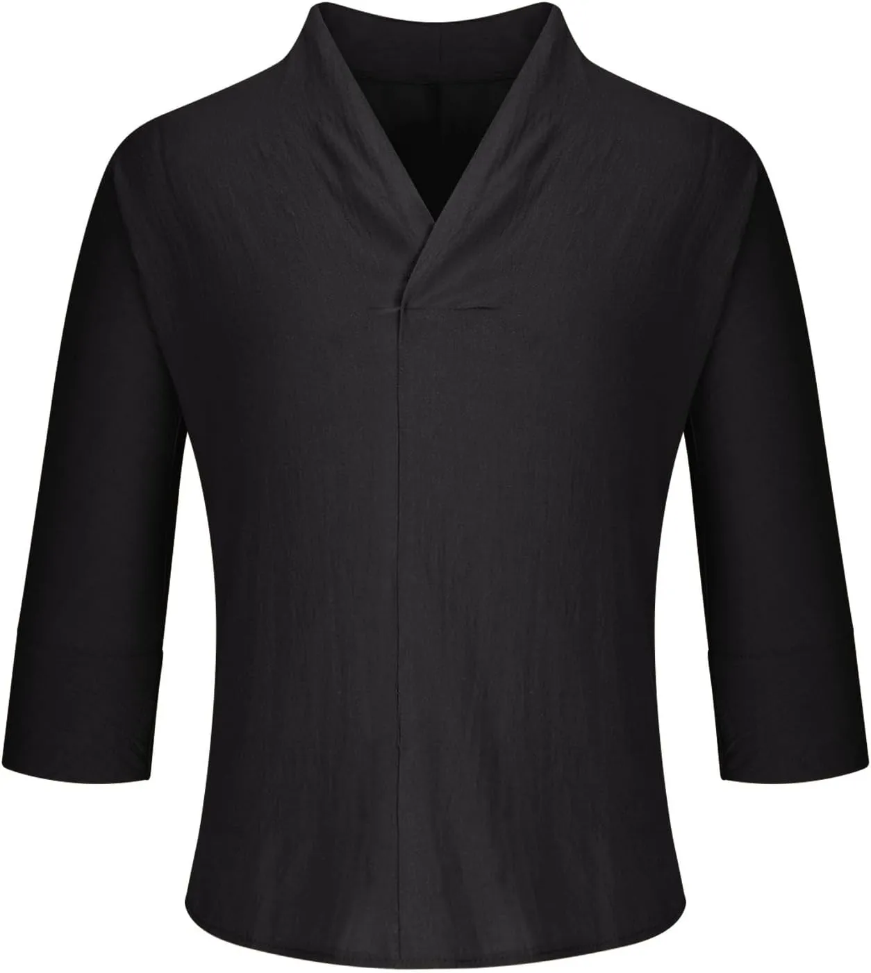 Men's Monk Buddhist Outfit T-Shirt V-Neck Plain Cotton Linen 3/4 Sleeve Shirts Big and Tall Beach Yoga Hipster Tops