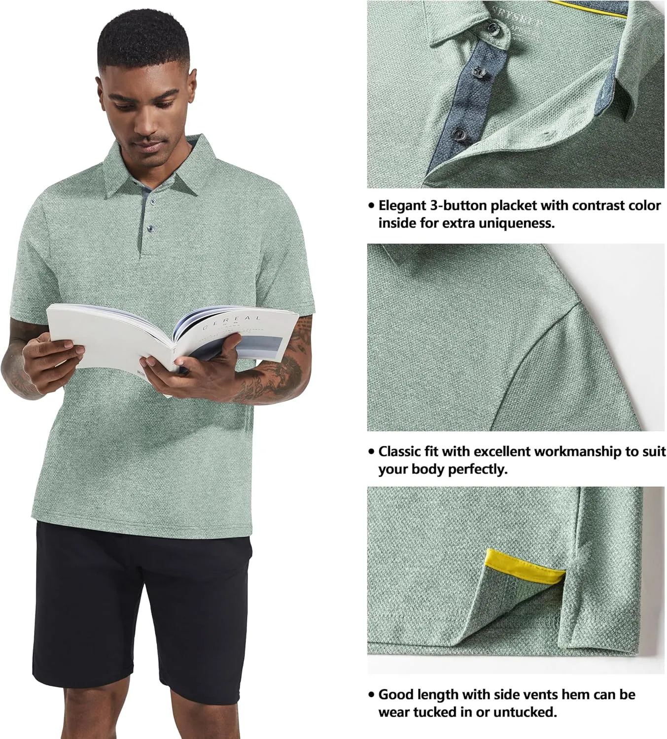 Men's Polo Shirts Short Sleeve Cotton Blend Moisture Wicking Dry Fit Performance Collared Golf Shirts for Men