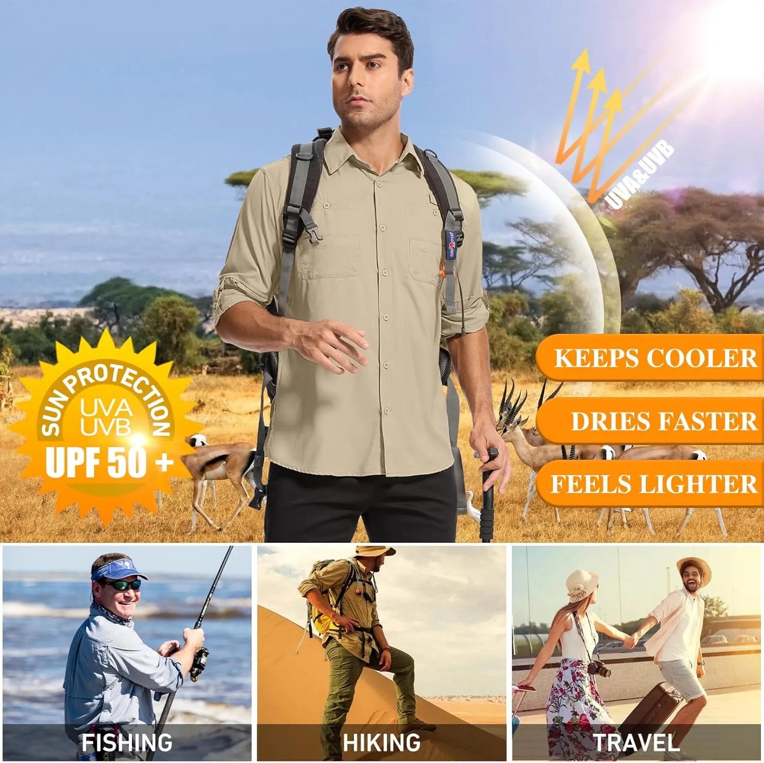 Mens Safari Shirt Long Sleeve UPF 50  Sun Protection Fishing Shirts MenConvertible Cuffs Hiking Shirts for Men
