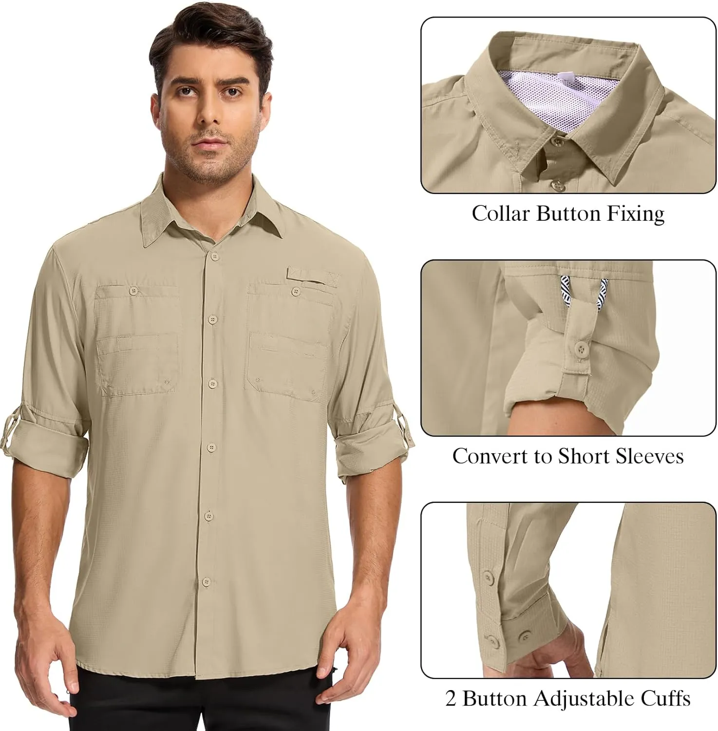 Mens Safari Shirt Long Sleeve UPF 50  Sun Protection Fishing Shirts MenConvertible Cuffs Hiking Shirts for Men