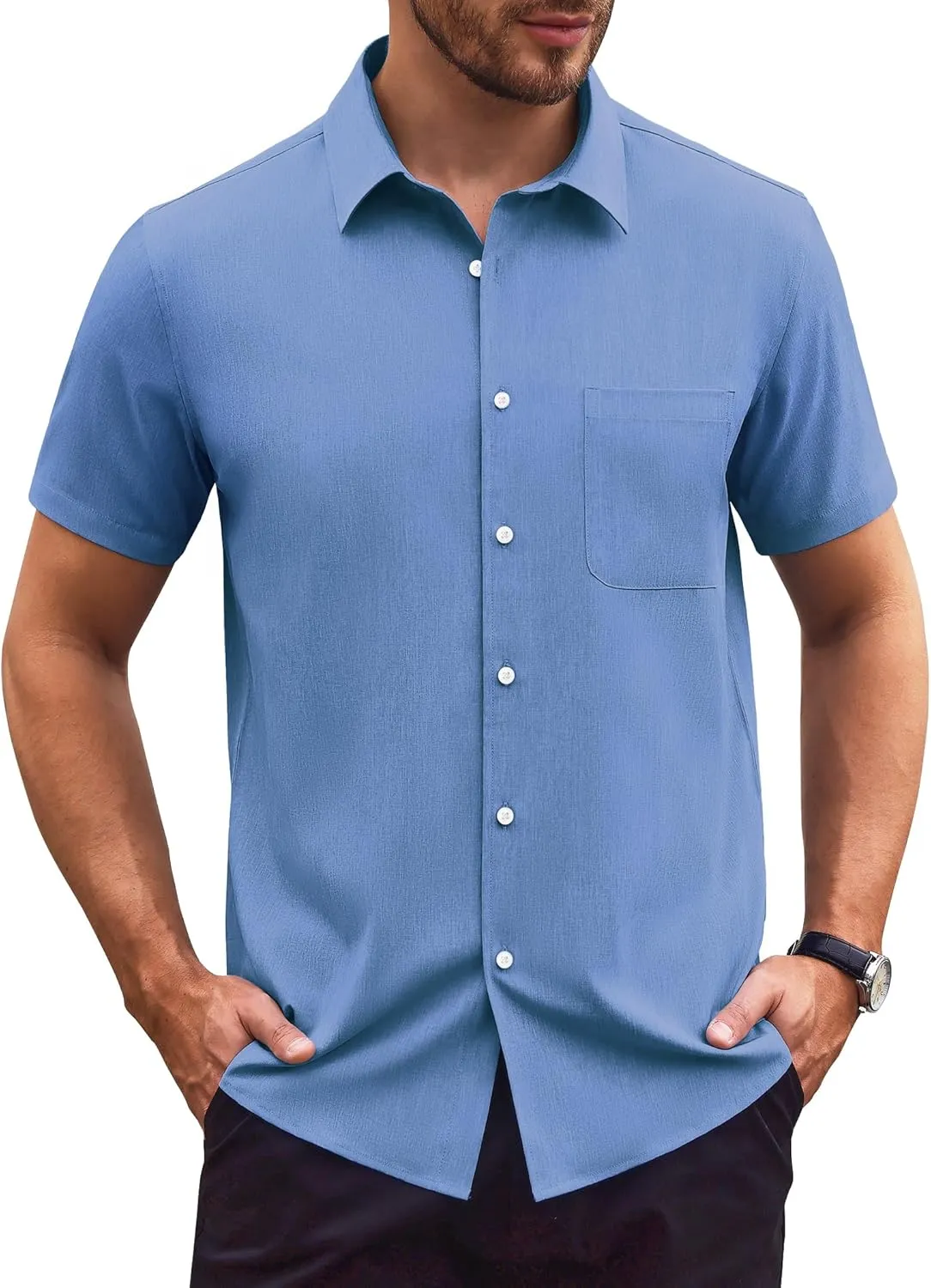Mens Short Sleeve Button Down Shirts Casual Linen Shirts Button Up Wrinkle Free Beach Summer Vacation Wedding Tops