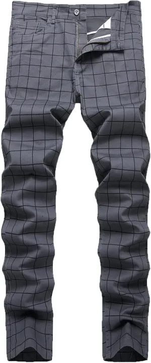 Men's Slim Fit Stretch Plaid Dress Pants Regular Fit Casual Flat-Front Skinny Pencil Pants Business Fashion Chinos Trousers