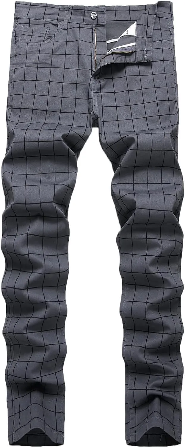 Men's Slim Fit Stretch Plaid Dress Pants Regular Fit Casual Flat-Front Skinny Pencil Pants Business Fashion Chinos Trousers