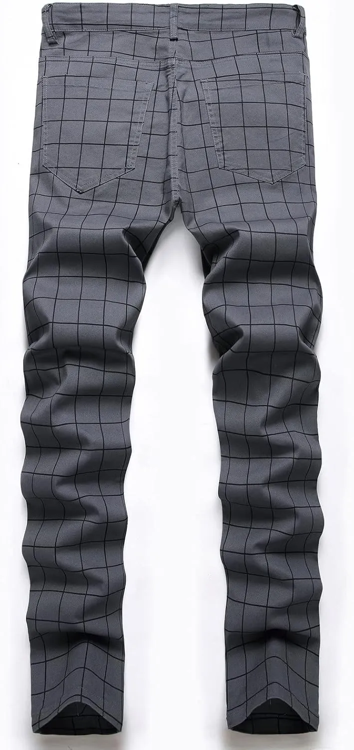 Men's Slim Fit Stretch Plaid Dress Pants Regular Fit Casual Flat-Front Skinny Pencil Pants Business Fashion Chinos Trousers