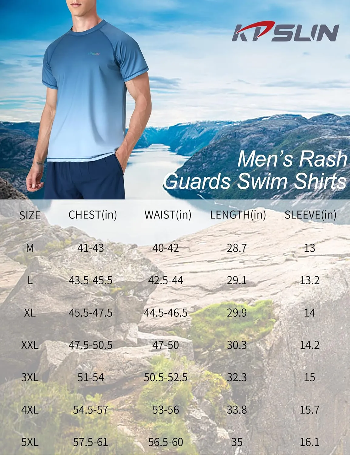 Mens Swim Shirts UPF 50  Sun Protection Quick Dry SPF Rash Guard Outdoor Beach Fishing T Shirts