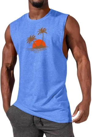 Mens Tank Tops Casual Summer Beach Vacation Hawaiian Graphic Muscle Gym Palm Tree Sleeveless Tee Shirts