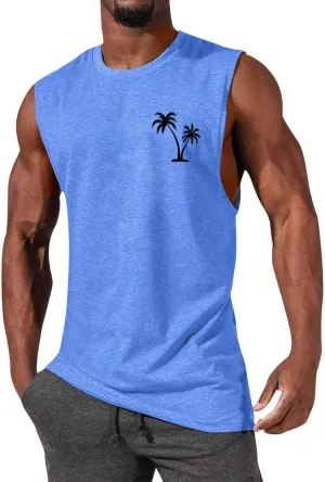 Mens Tank Tops Casual Summer Beach Vacation Hawaiian Graphic Muscle Gym Palm Tree Sleeveless Tee Shirts