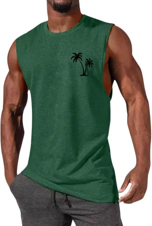 Mens Tank Tops Casual Summer Beach Vacation Hawaiian Graphic Muscle Gym Palm Tree Sleeveless Tee Shirts