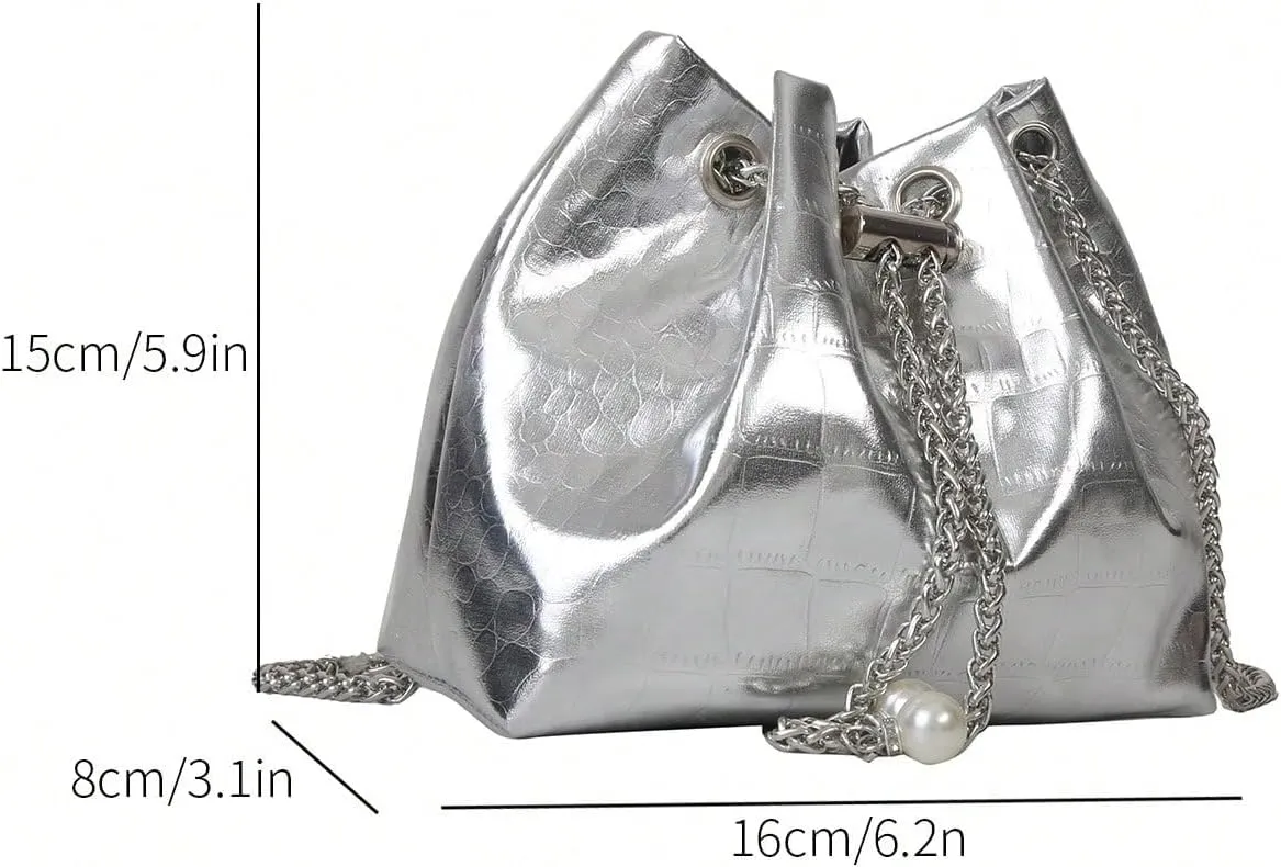 Metallic Grommet Eyelet String Handbag PU Leather Cocktail Party Mini Bucket Bag with Straps Silver One-Size