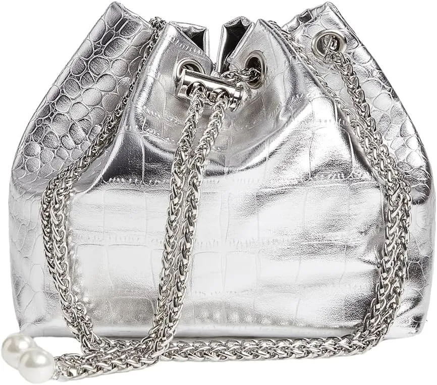 Metallic Grommet Eyelet String Handbag PU Leather Cocktail Party Mini Bucket Bag with Straps Silver One-Size