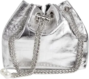 Metallic Grommet Eyelet String Handbag PU Leather Cocktail Party Mini Bucket Bag with Straps Silver One-Size