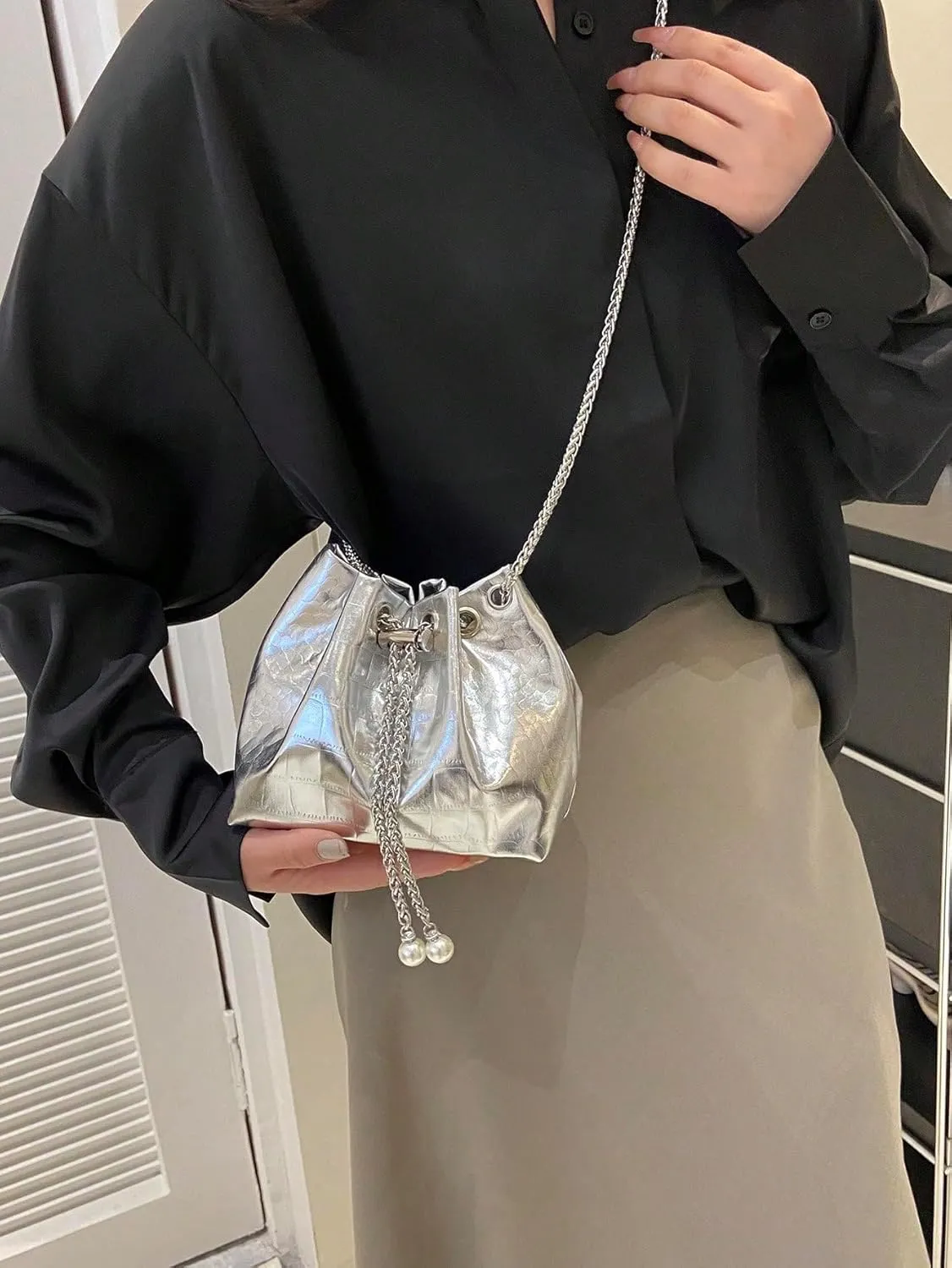 Metallic Grommet Eyelet String Handbag PU Leather Cocktail Party Mini Bucket Bag with Straps Silver One-Size
