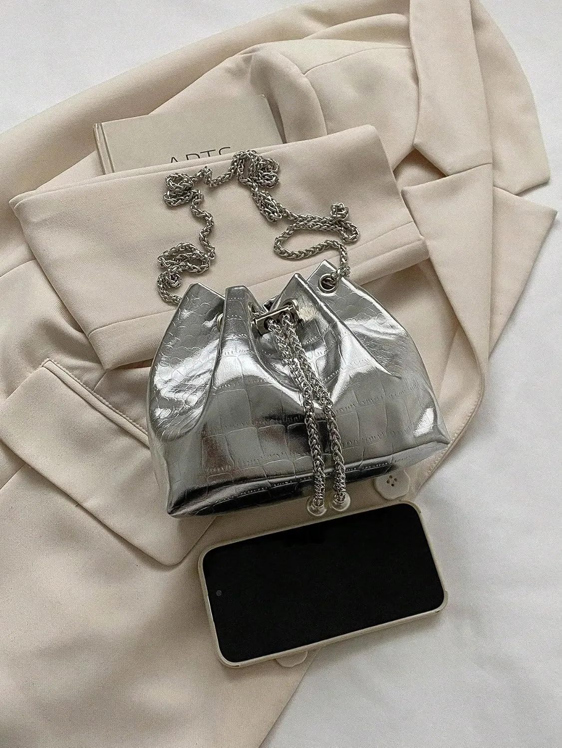 Metallic Grommet Eyelet String Handbag PU Leather Cocktail Party Mini Bucket Bag with Straps Silver One-Size