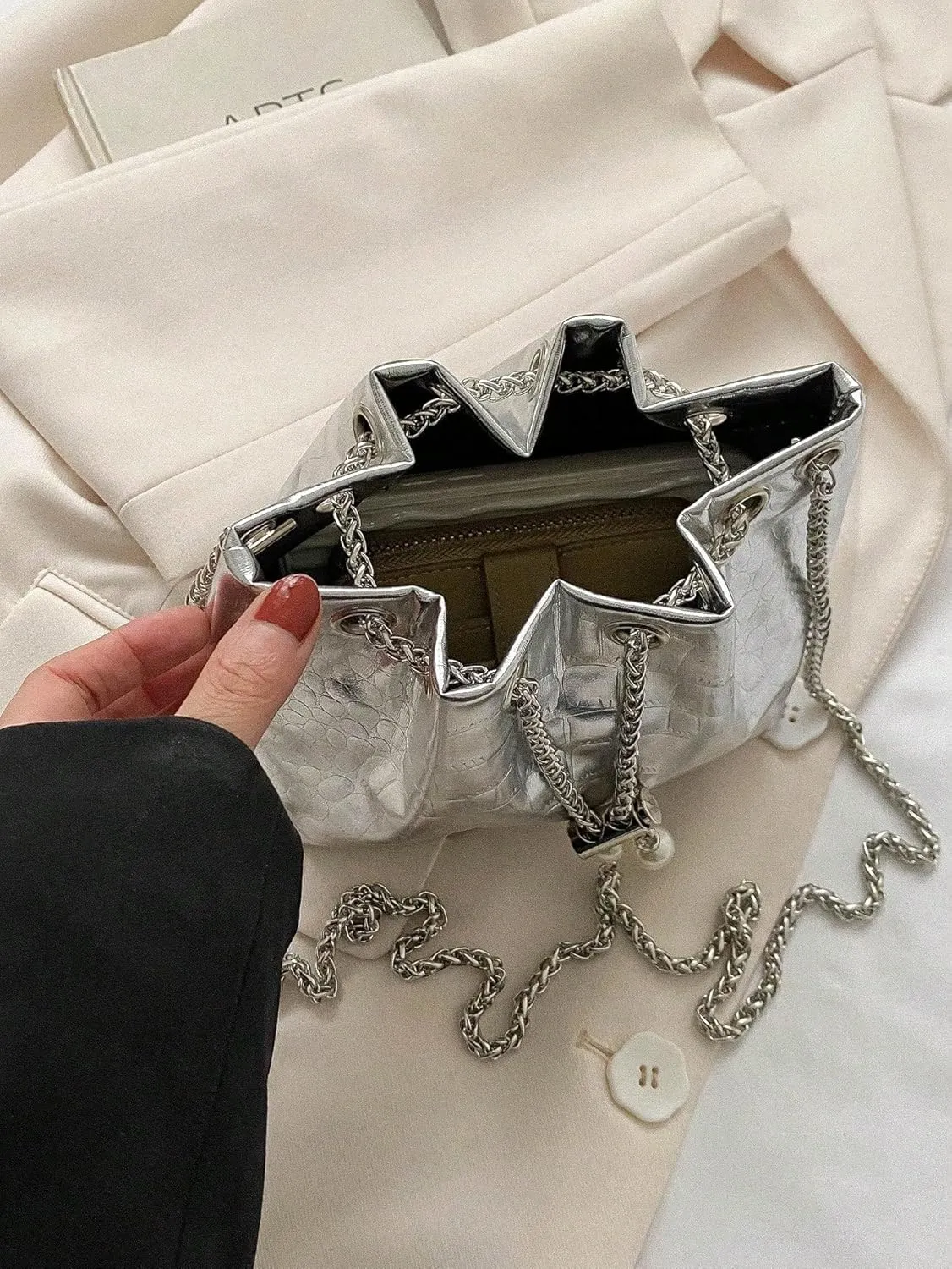 Metallic Grommet Eyelet String Handbag PU Leather Cocktail Party Mini Bucket Bag with Straps Silver One-Size
