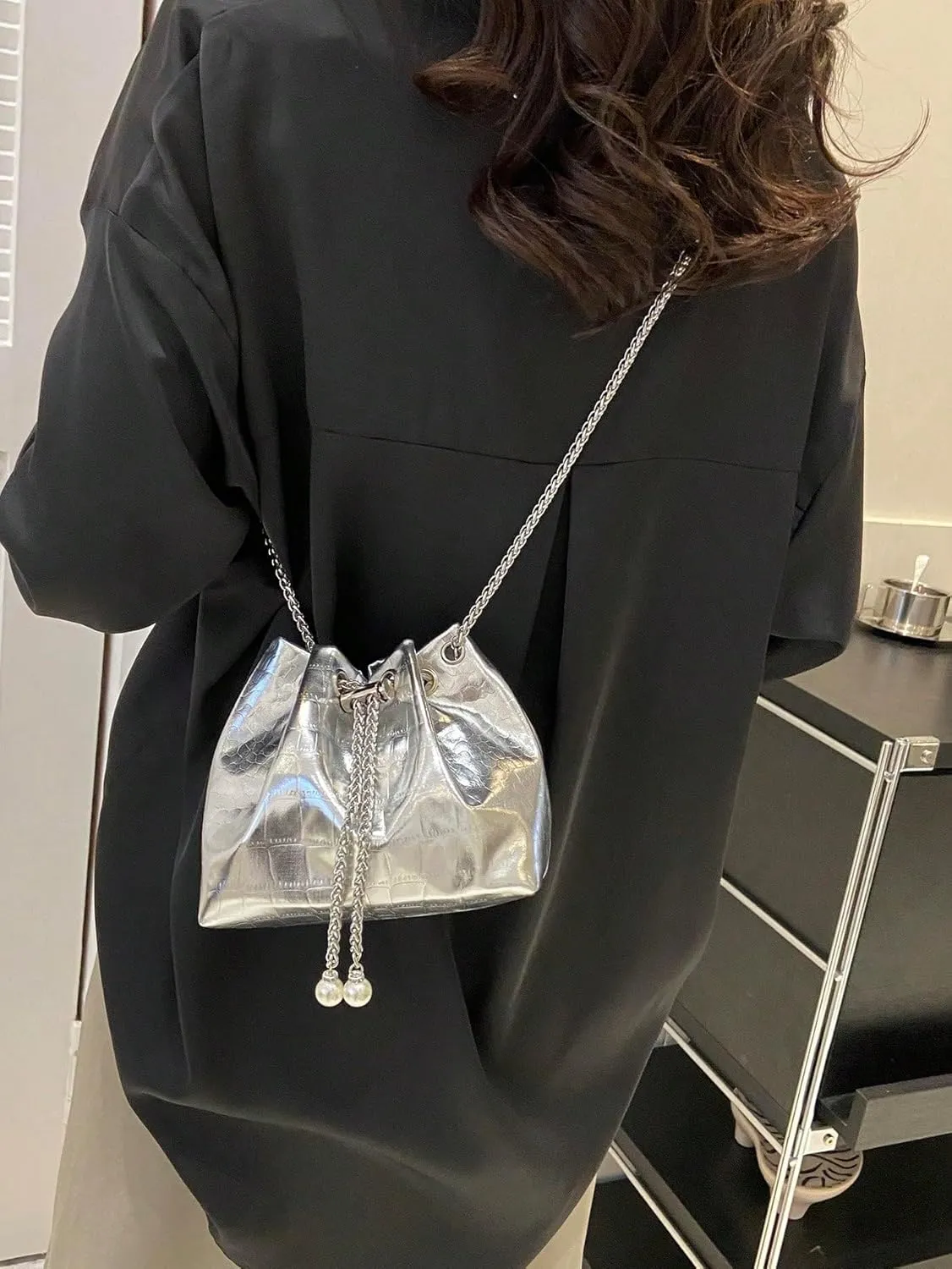 Metallic Grommet Eyelet String Handbag PU Leather Cocktail Party Mini Bucket Bag with Straps Silver One-Size