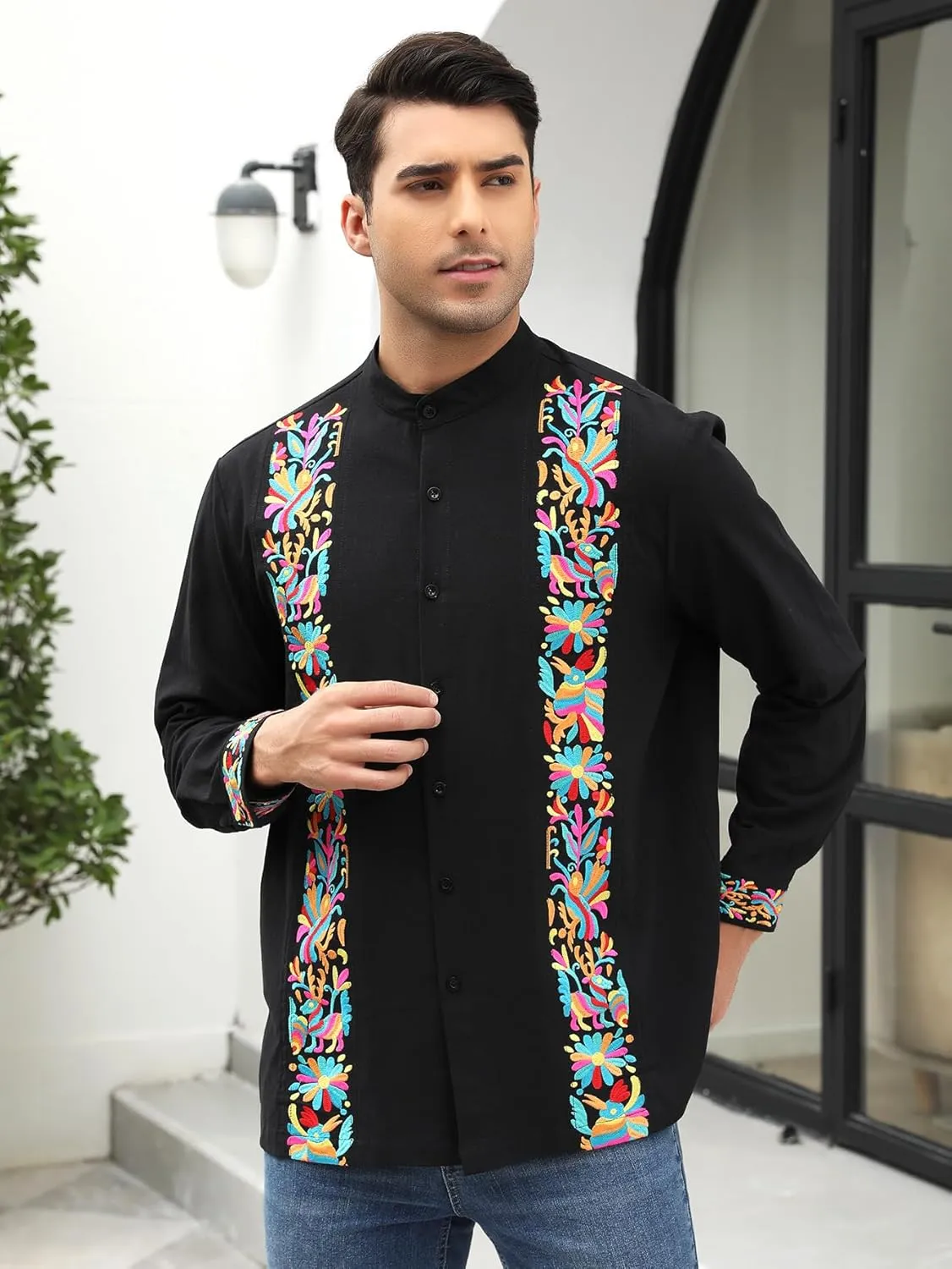Mexican Shirts for Men Guayabera Embroidered Traditional Fiesta Button Up Mandarin Collared Long Sleeve Shirt