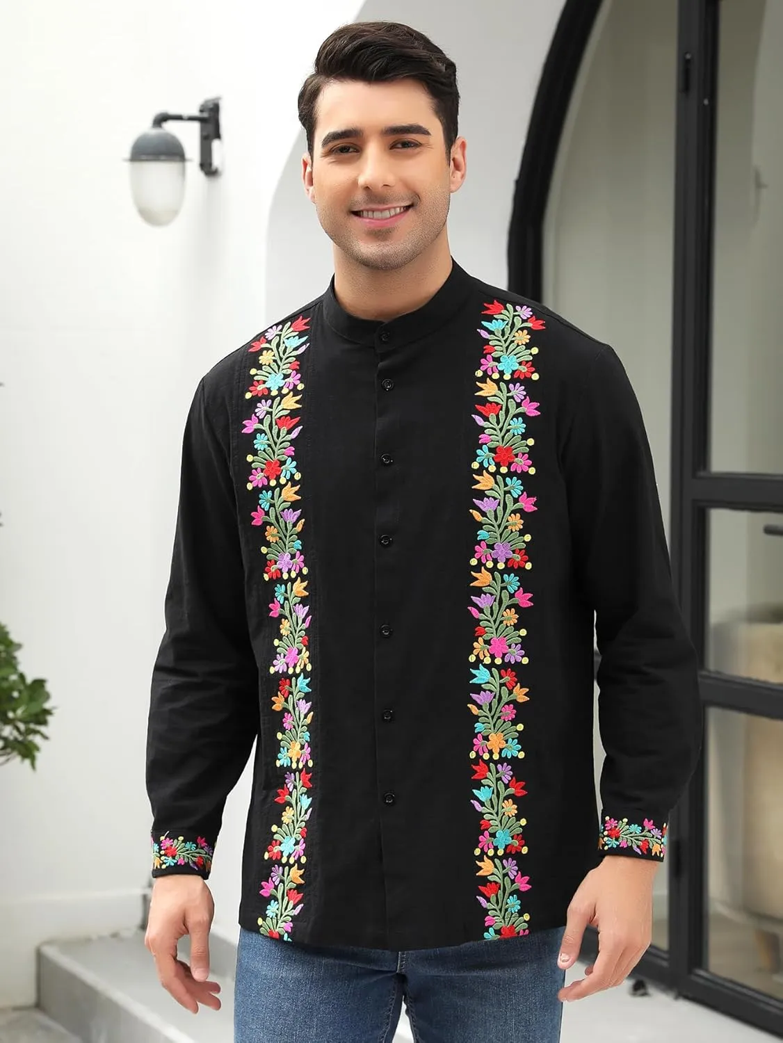Mexican Shirts for Men Guayabera Embroidered Traditional Fiesta Button Up Mandarin Collared Long Sleeve Shirt