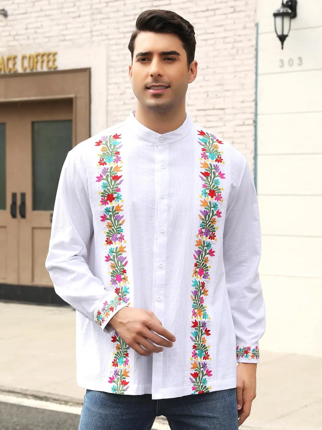 Mexican Shirts for Men Guayabera Embroidered Traditional Fiesta Button Up Mandarin Collared Long Sleeve Shirt