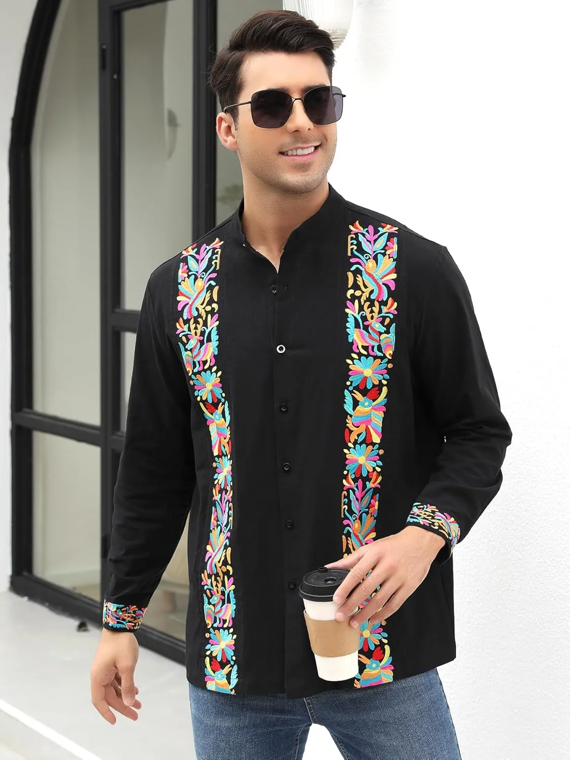 Mexican Shirts for Men Guayabera Embroidered Traditional Fiesta Button Up Mandarin Collared Long Sleeve Shirt