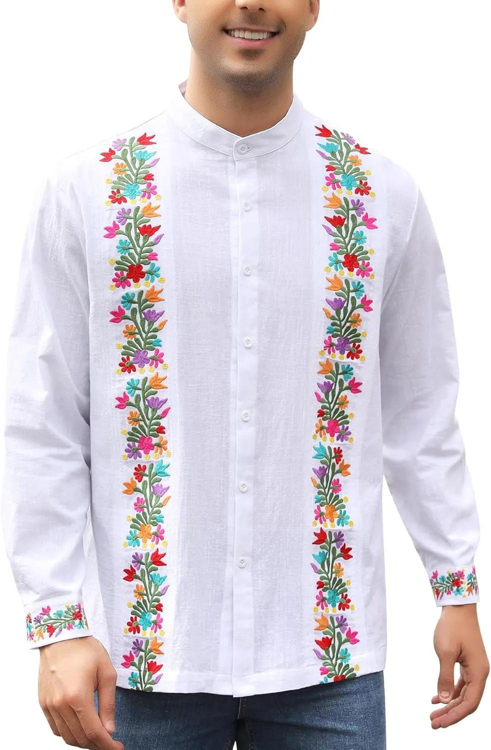 Mexican Shirts for Men Guayabera Embroidered Traditional Fiesta Button Up Mandarin Collared Long Sleeve Shirt