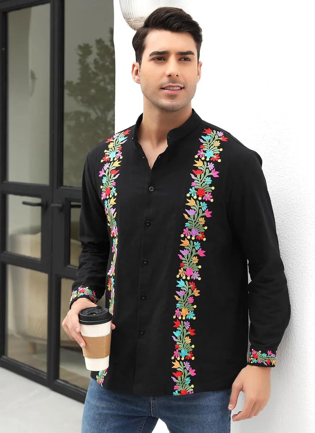 Mexican Shirts for Men Guayabera Embroidered Traditional Fiesta Button Up Mandarin Collared Long Sleeve Shirt