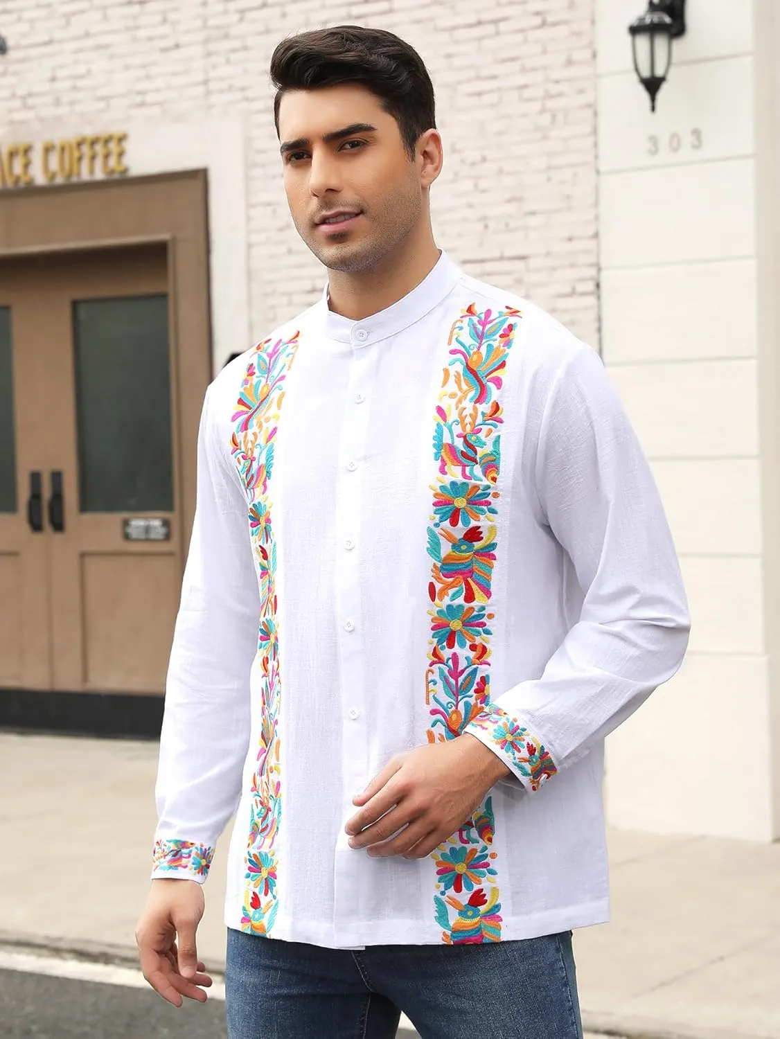 Mexican Shirts for Men Guayabera Embroidered Traditional Fiesta Button Up Mandarin Collared Long Sleeve Shirt