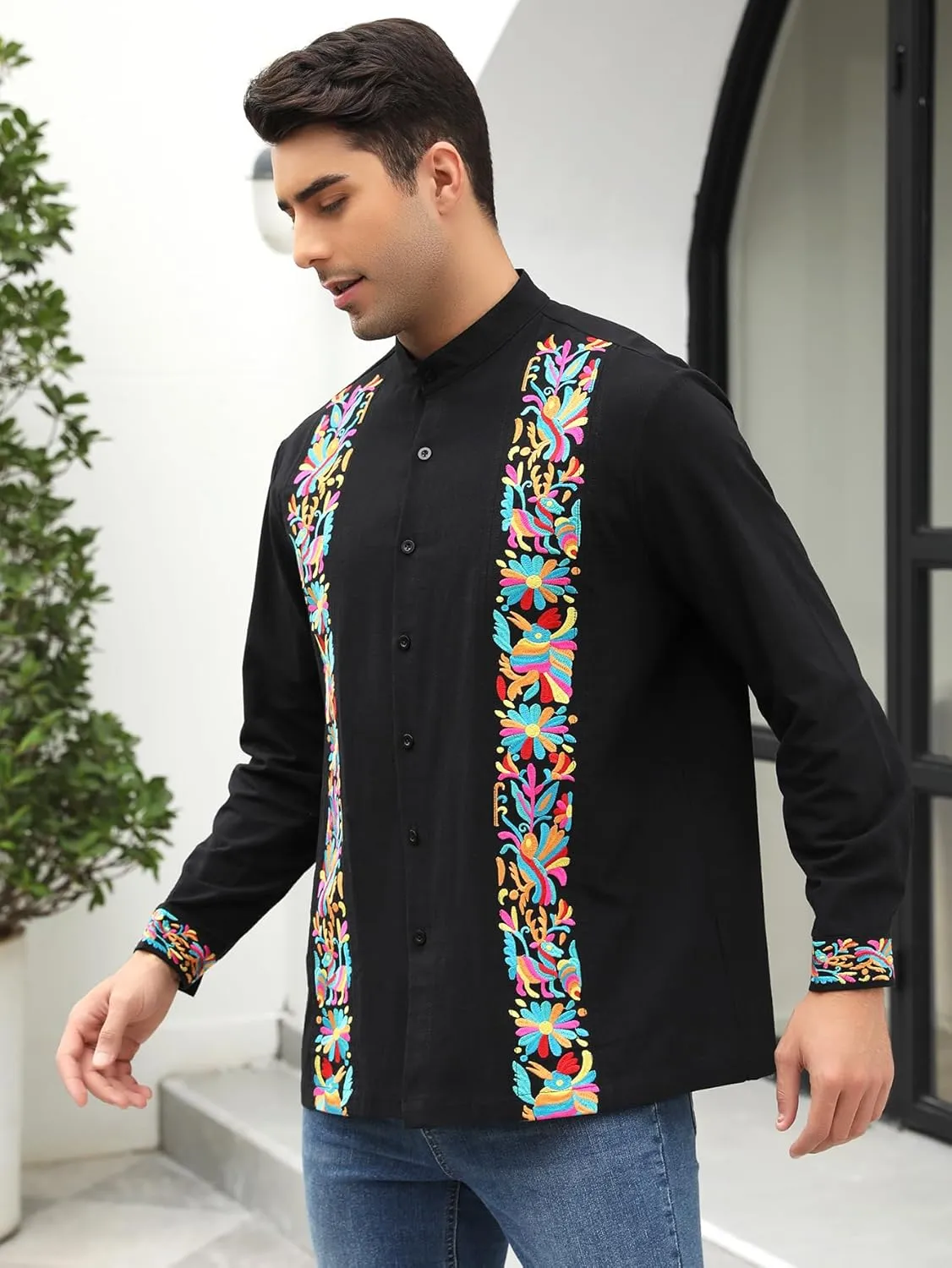 Mexican Shirts for Men Guayabera Embroidered Traditional Fiesta Button Up Mandarin Collared Long Sleeve Shirt