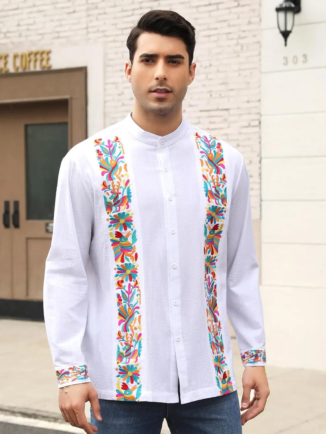 Mexican Shirts for Men Guayabera Embroidered Traditional Fiesta Button Up Mandarin Collared Long Sleeve Shirt