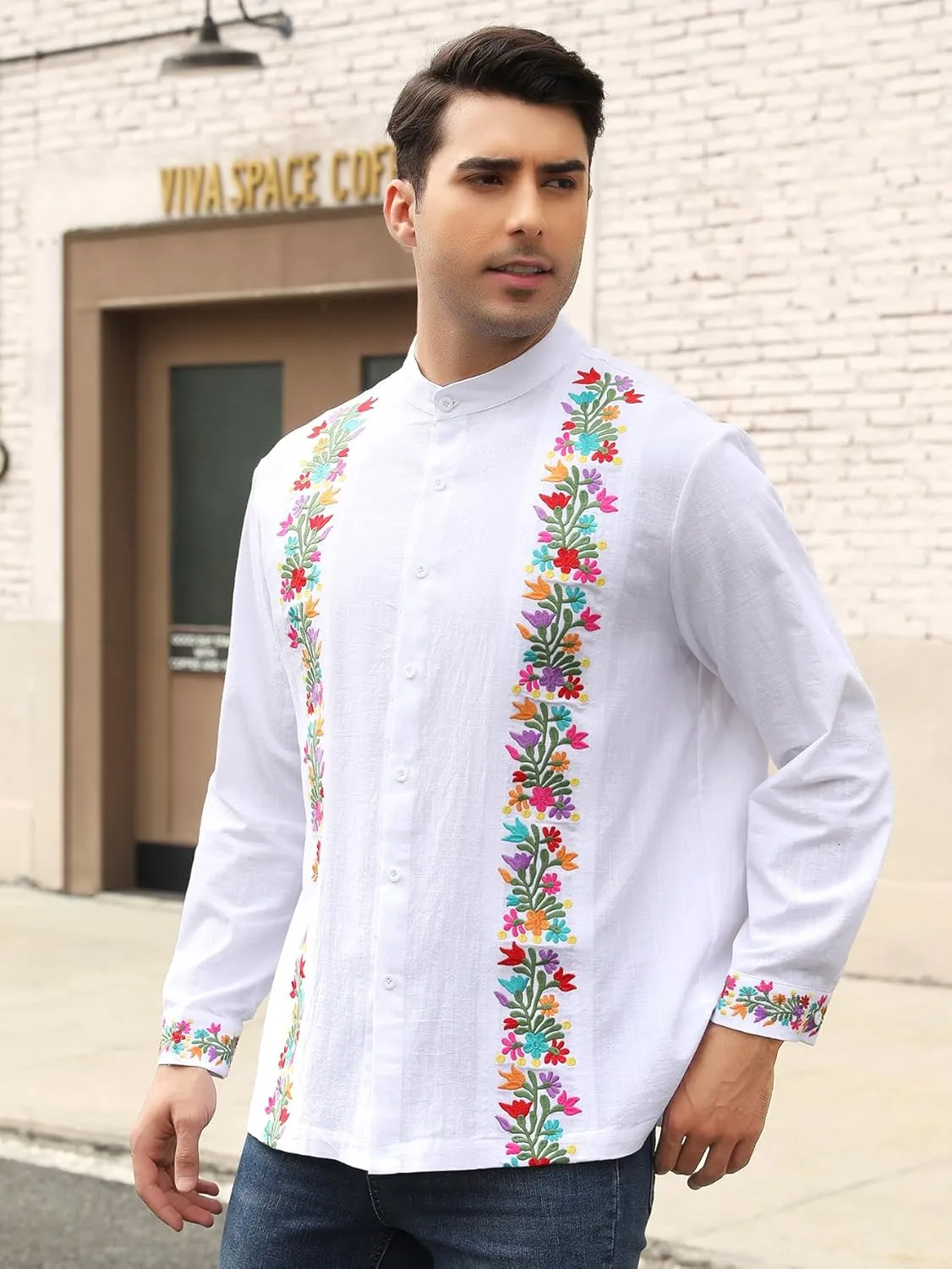Mexican Shirts for Men Guayabera Embroidered Traditional Fiesta Button Up Mandarin Collared Long Sleeve Shirt