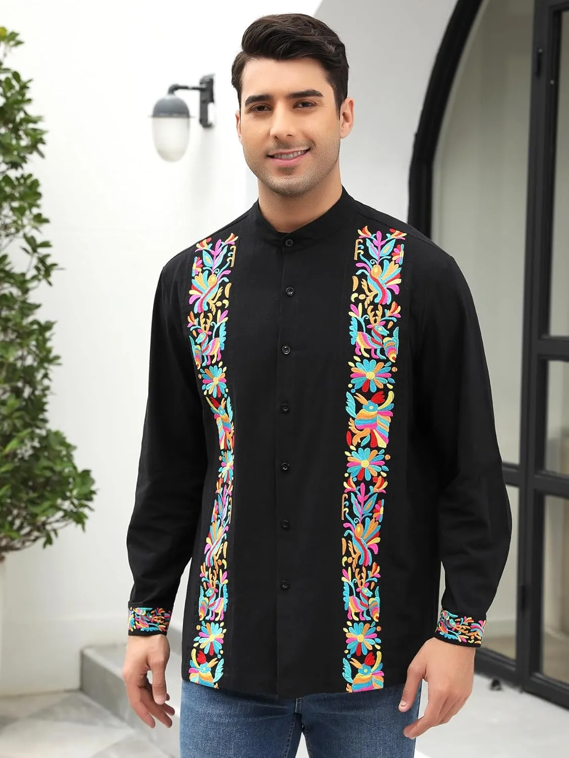 Mexican Shirts for Men Guayabera Embroidered Traditional Fiesta Button Up Mandarin Collared Long Sleeve Shirt