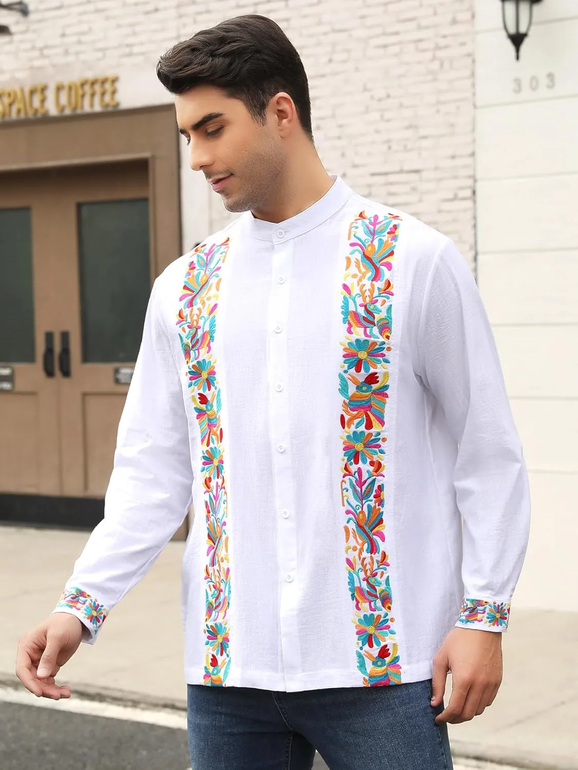 Mexican Shirts for Men Guayabera Embroidered Traditional Fiesta Button Up Mandarin Collared Long Sleeve Shirt