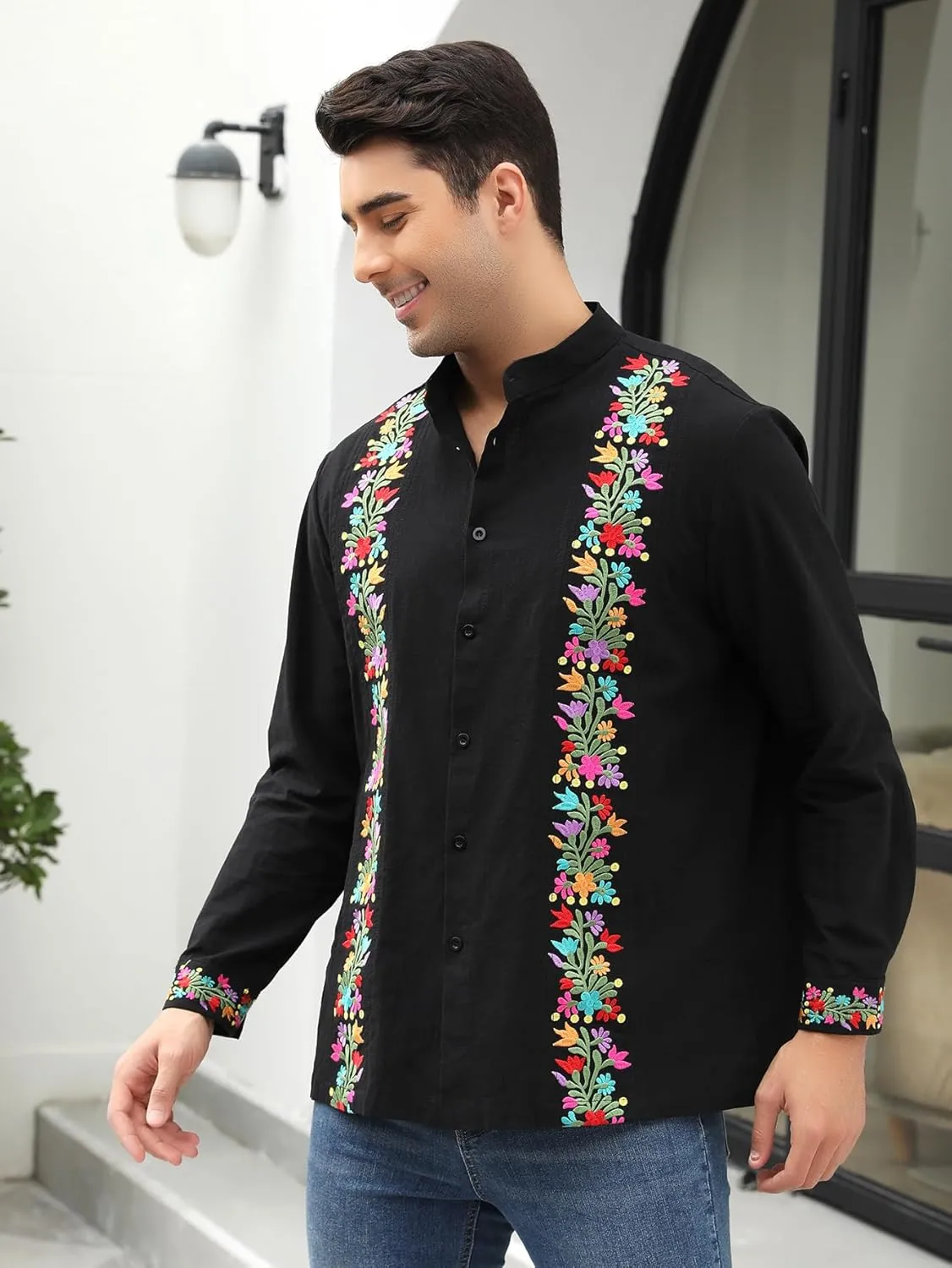 Mexican Shirts for Men Guayabera Embroidered Traditional Fiesta Button Up Mandarin Collared Long Sleeve Shirt