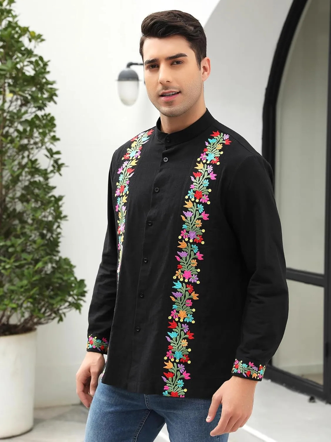 Mexican Shirts for Men Guayabera Embroidered Traditional Fiesta Button Up Mandarin Collared Long Sleeve Shirt