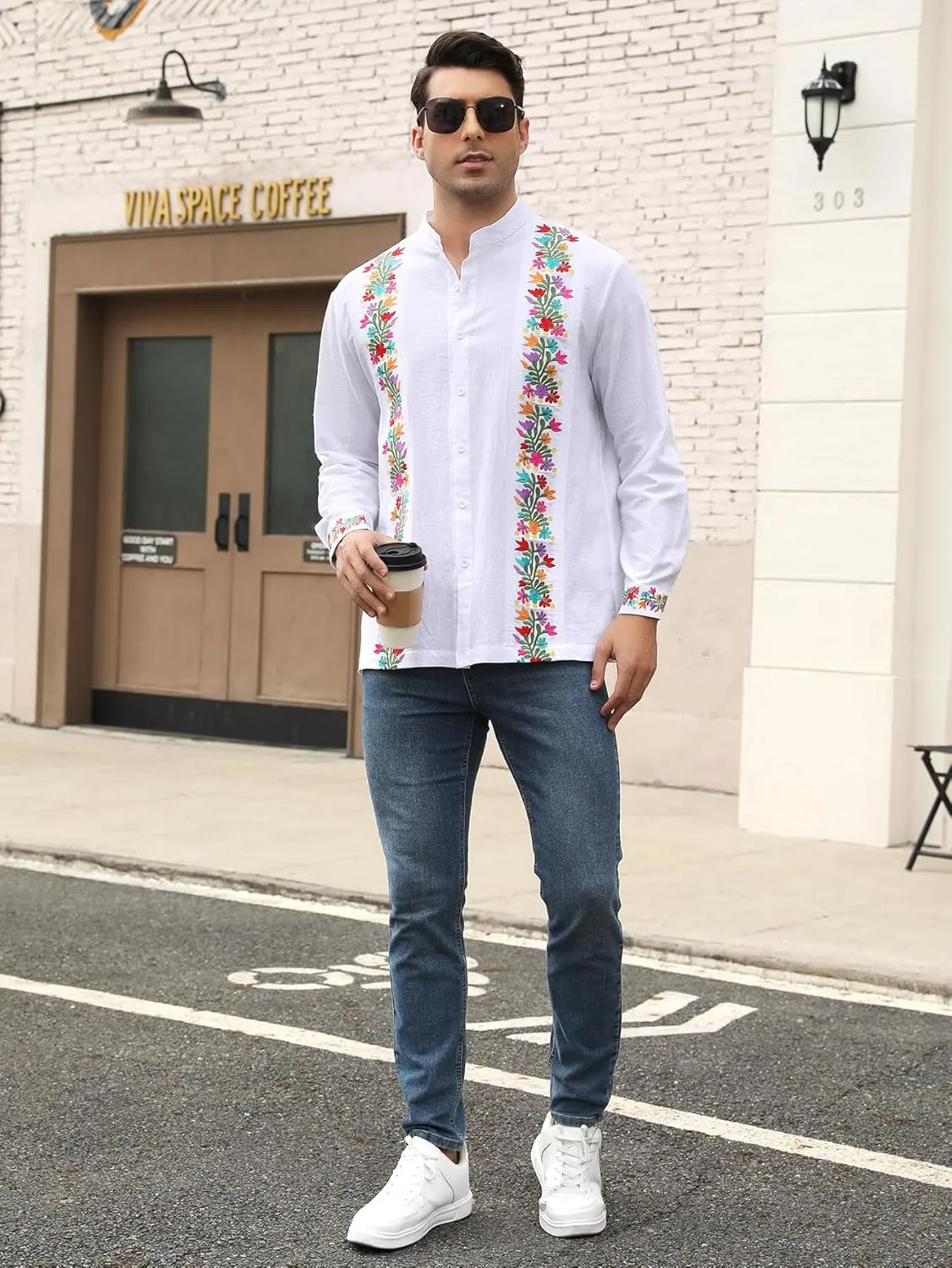 Mexican Shirts for Men Guayabera Embroidered Traditional Fiesta Button Up Mandarin Collared Long Sleeve Shirt